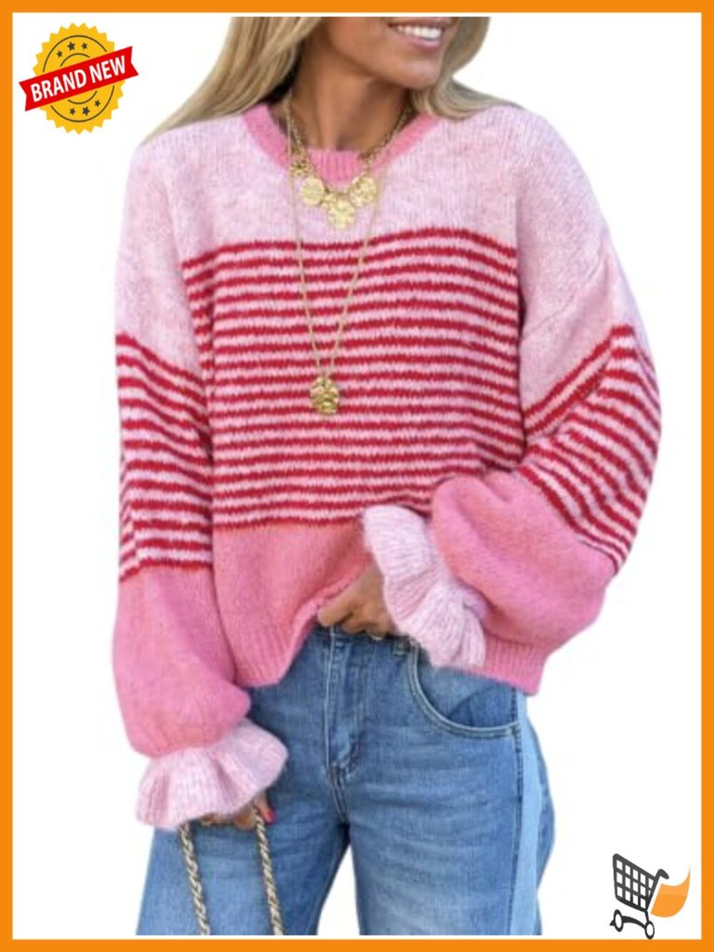 Ruffle Sleeve Striped Knit Pullover Sweater Crew Neck Women